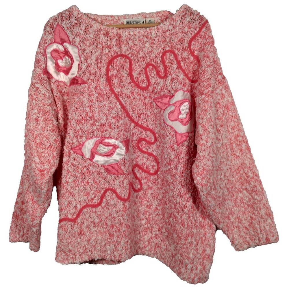 Vintage Connections Plus Size Sweater Jumper 24W Pink White Floral Beaded
